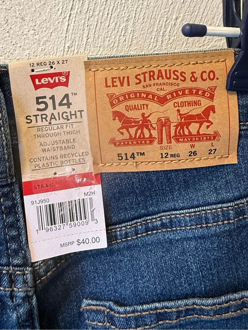 Levi 514 Straight Fit Jeans Boys Sz 12 26x27 NWT Stretch Denim Adjustable Waist